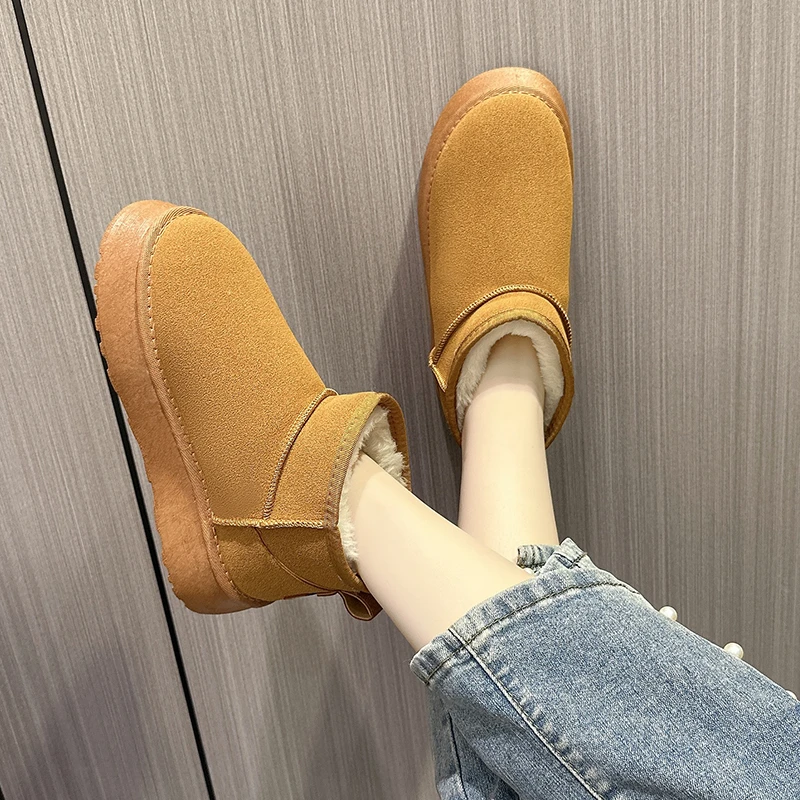 加绒雪地靴女外穿厚底2024冬季新款舒适保暖短靴雪地棉