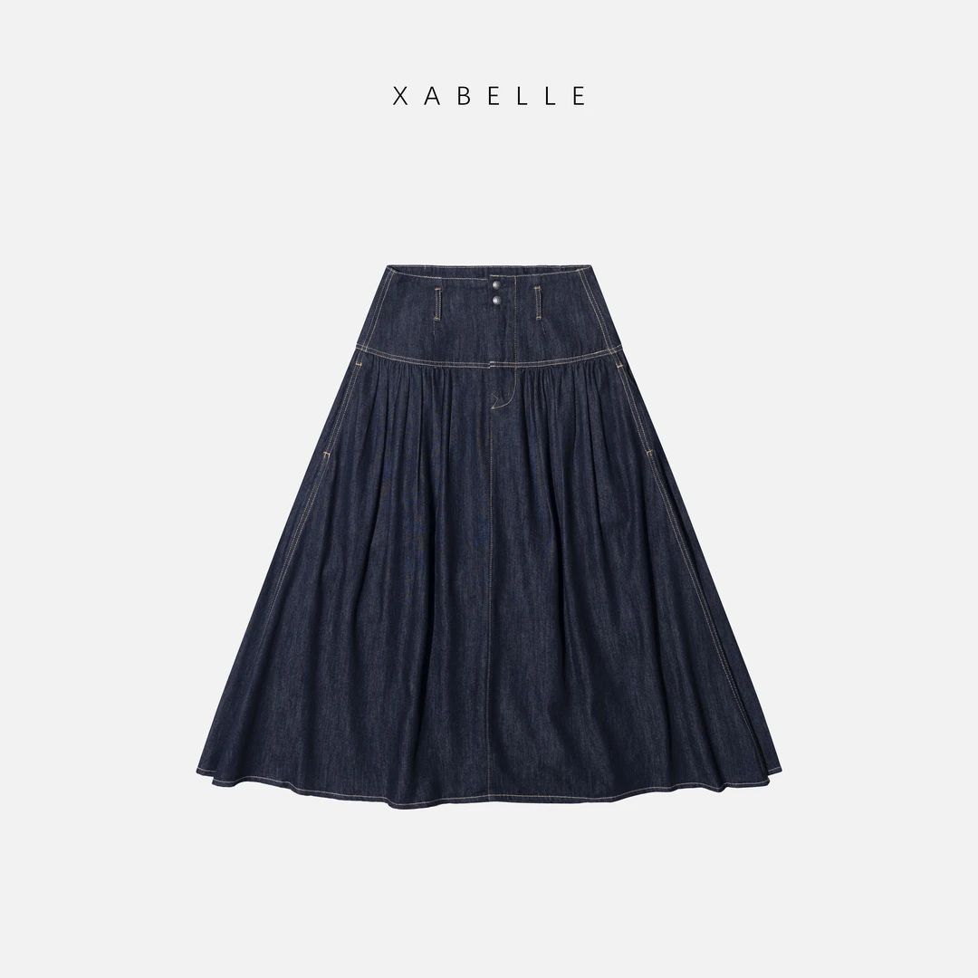 XABELLE 日式牛仔裙 25复古水 长绒棉A字半身裙25049