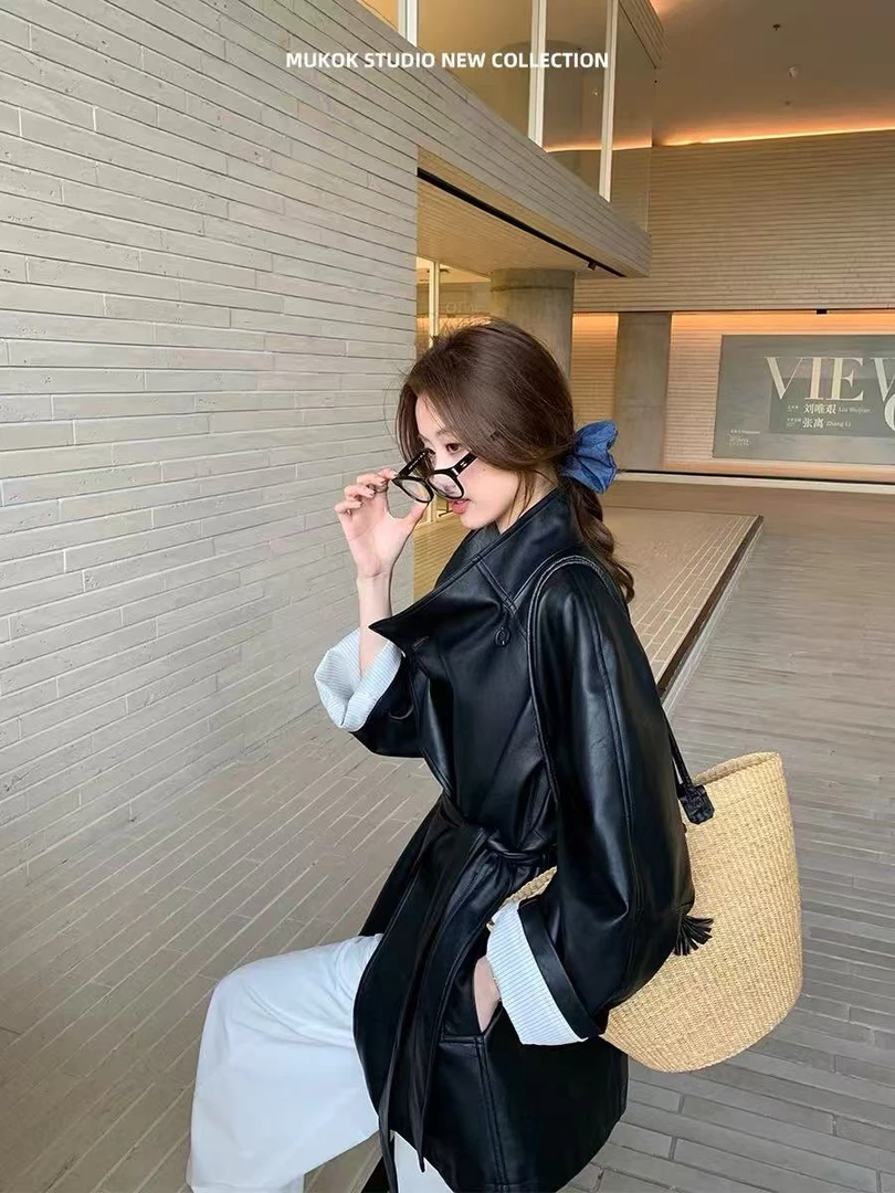 【甜甜专属】秋季长袖水洗皮系带绑带皮衣网红上衣城市机能风8003