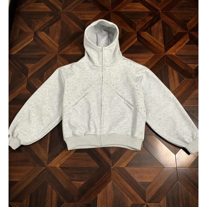 铆钉解构廓形短款连帽开衫卫衣男春秋美式街头潮牌高级感重磅外套