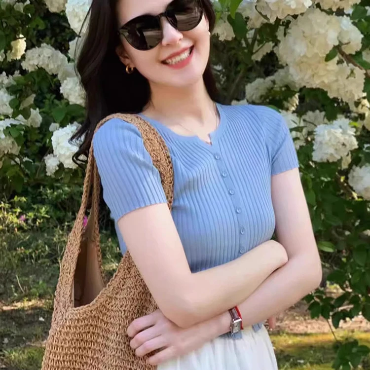 蓝色开衫正肩冰丝v领针织短袖t恤女夏季设计感修身短款小个子上衣