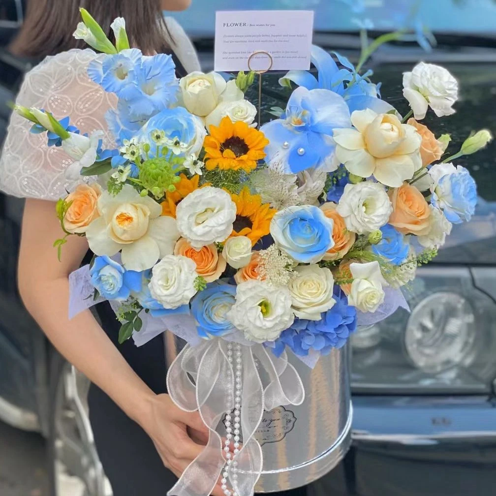 【海洋之恋】蓝色系混搭抱抱桶花束一束送女朋友送闺蜜送领导生日花束生日鲜花女士花店送花上门