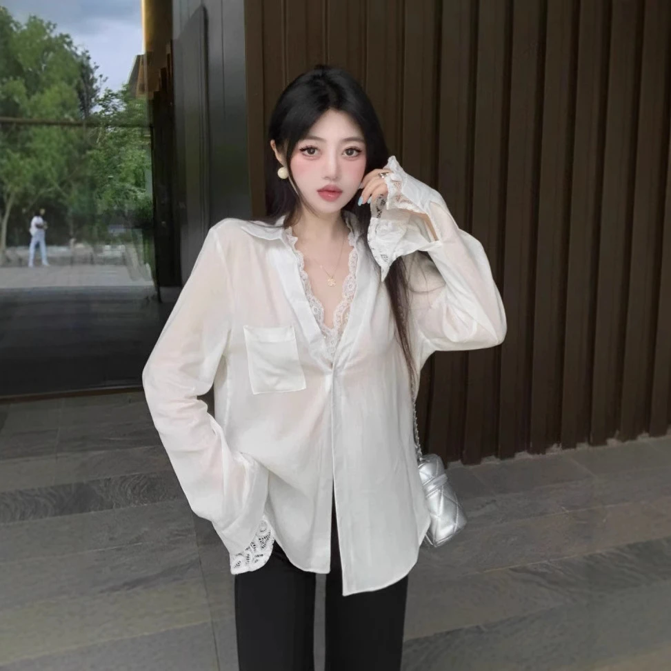 2025简约风高级感白色假两件蕾丝拼接西装长袖宽松衬衫上衣女秋季