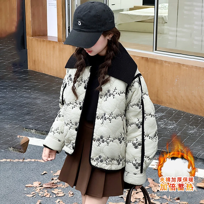女童冬装棉服外套2025新款儿童中大童韩系休闲刺绣大翻领女孩棉袄