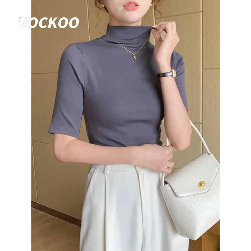 VOCKOO灰色螺纹棉半高领中袖t恤女春秋2025新款修身五七分袖上衣