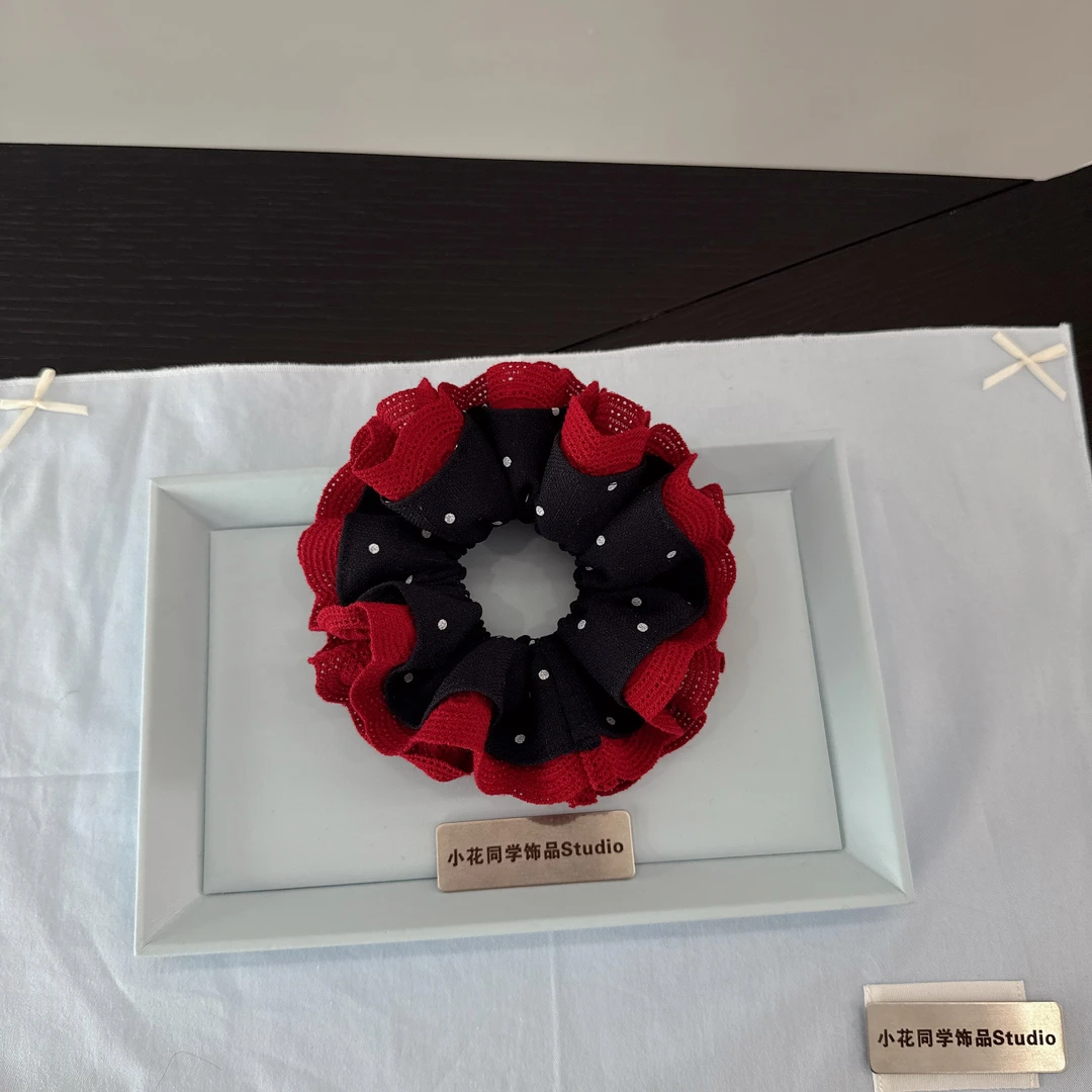 韩国发饰2025新款高级感精致藏青色酒红色圆点波点小蛮腰蕾丝发圈