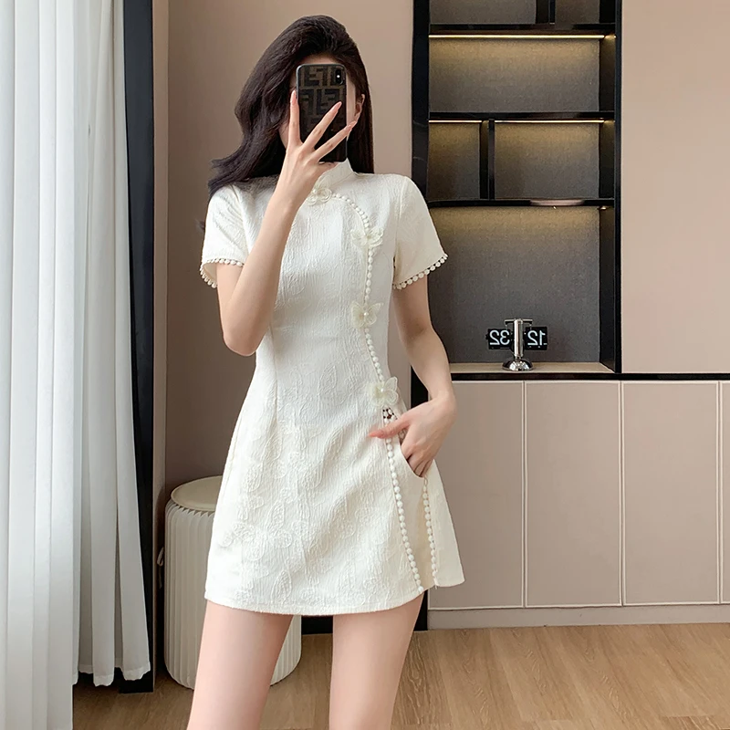 新中式改良旗袍裙套装2025夏季新款国风提花蝴蝶连衣裙短裤两件套