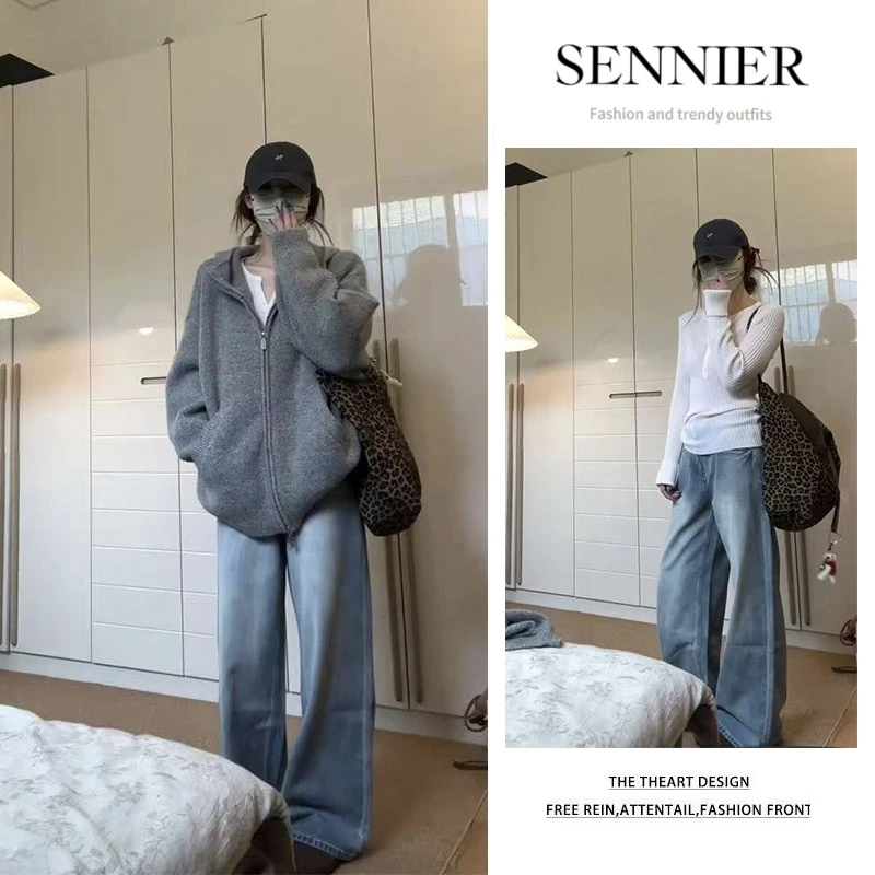 2025秋季新款宽松连帽针织开衫长袖打底衫显瘦阔腿牛仔裤三件套女