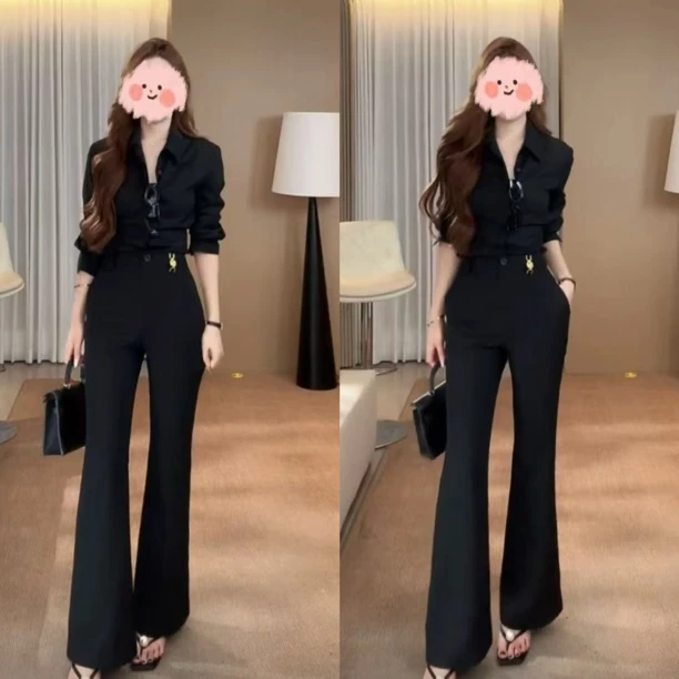 秋季新款韩系高级感POLO领气质显瘦长袖衬衫高腰微喇叭长裤套装女