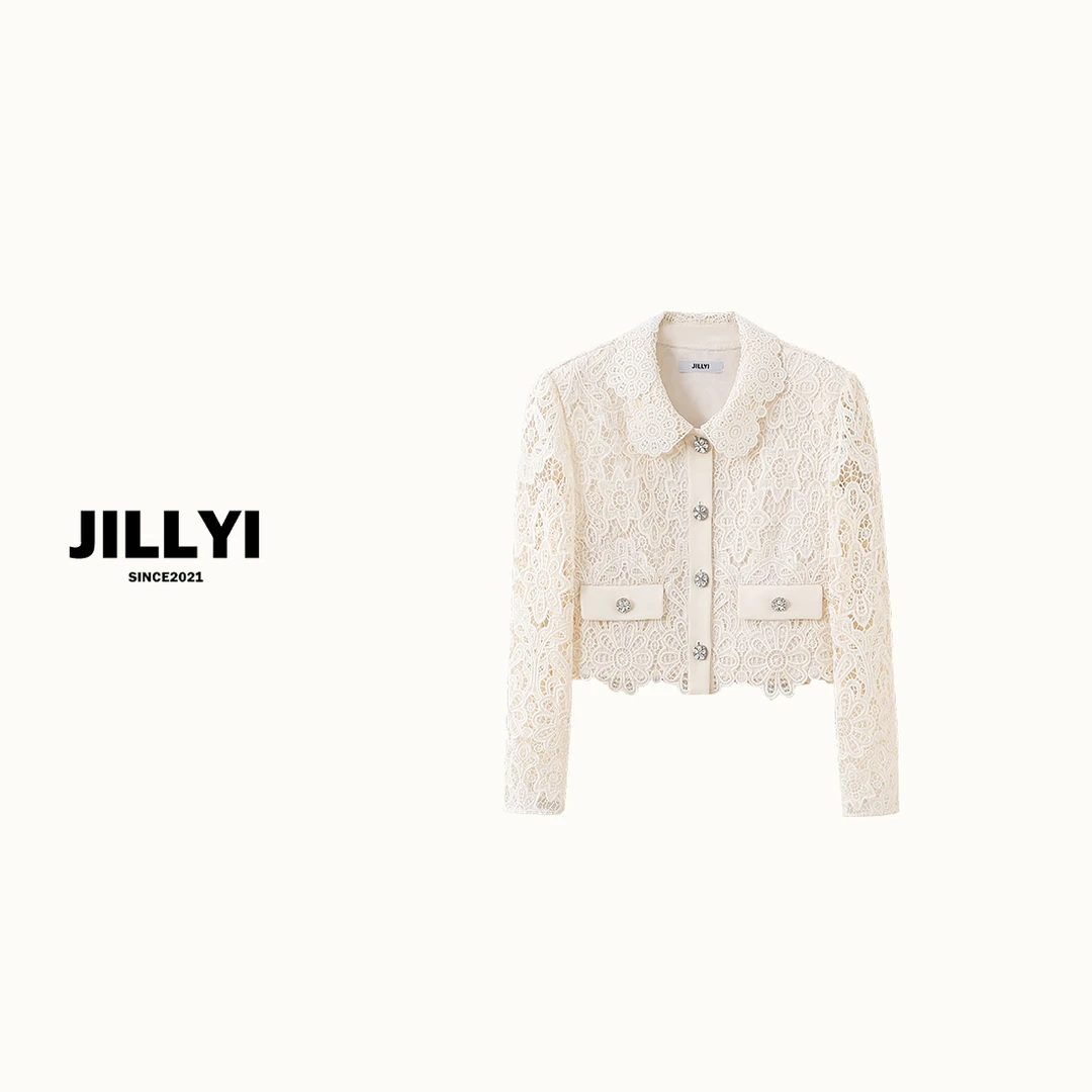 jillyi【蕾丝时代】气质小香风白色镂空蕾丝花朵钻石扣短款外套