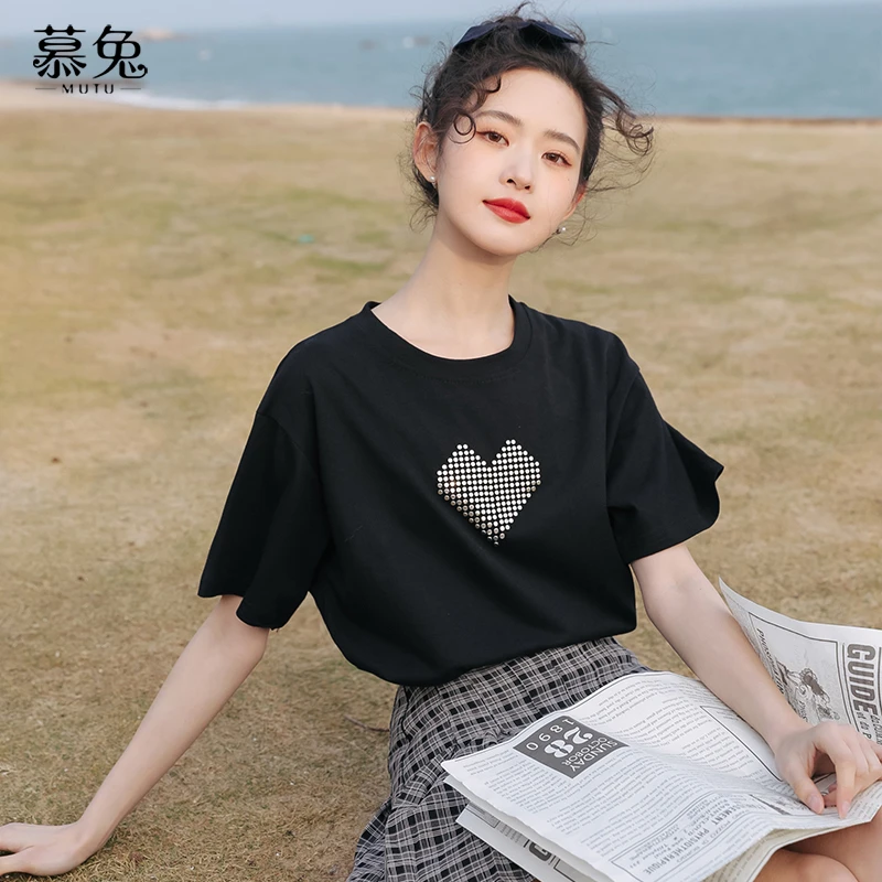 慕兔ins宽松爱心短袖t恤女2025夏季新款设计感小众黑色显瘦上衣潮