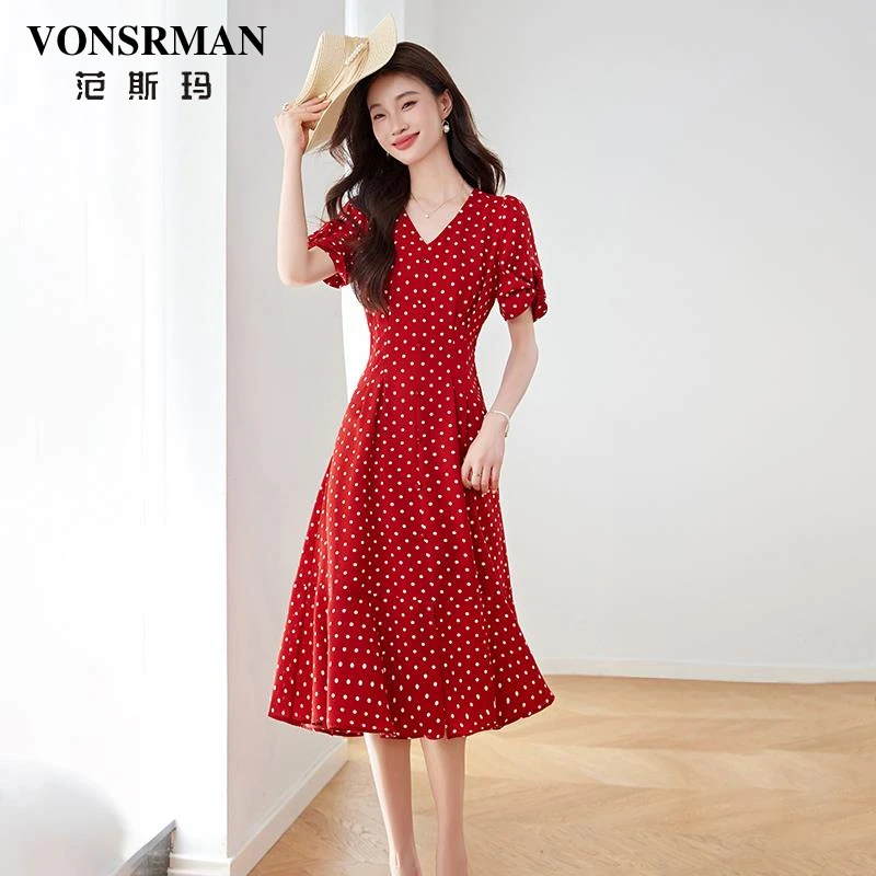法式复古轻熟气质波点连衣裙女2025年夏季新款洋气超好看红色裙子