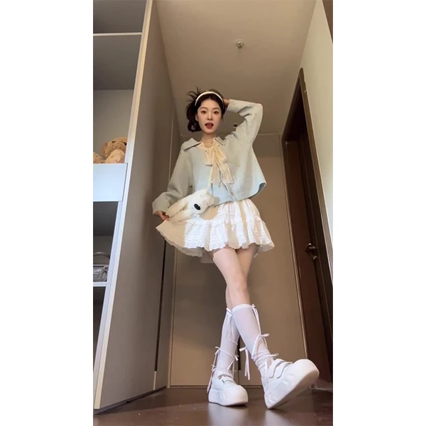 学院风衬衫拼接套头长袖针织衫女秋冬内搭毛衣上衣半身裙套装