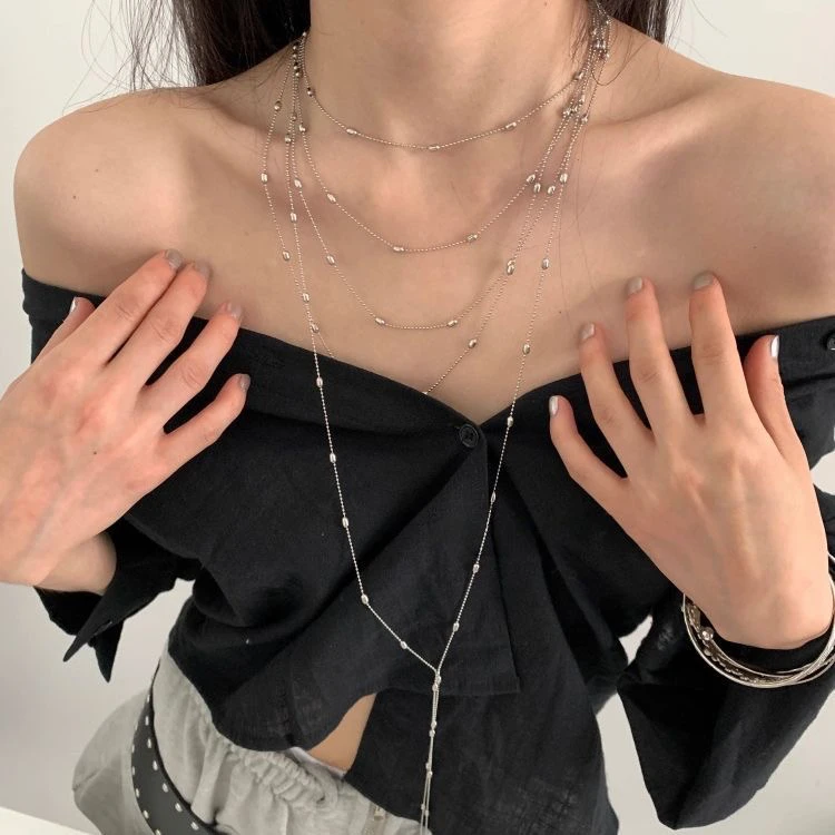 合金项链 简约多层叠戴项链女款轻奢高级感锁骨链流苏颈链毛衣链