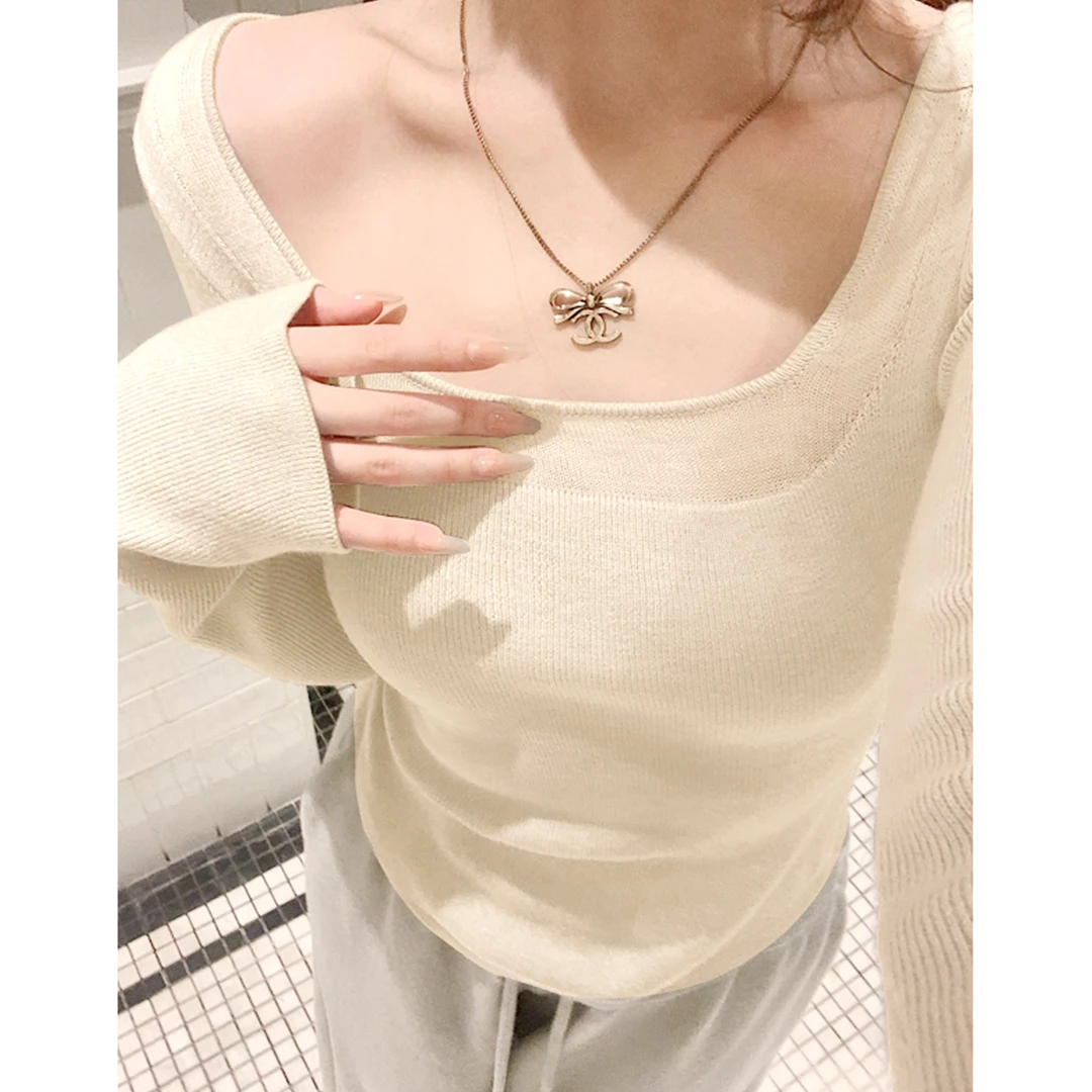 方领针织打底衫女2025秋冬季新款内搭修身高级感纯欲毛衣长袖上衣