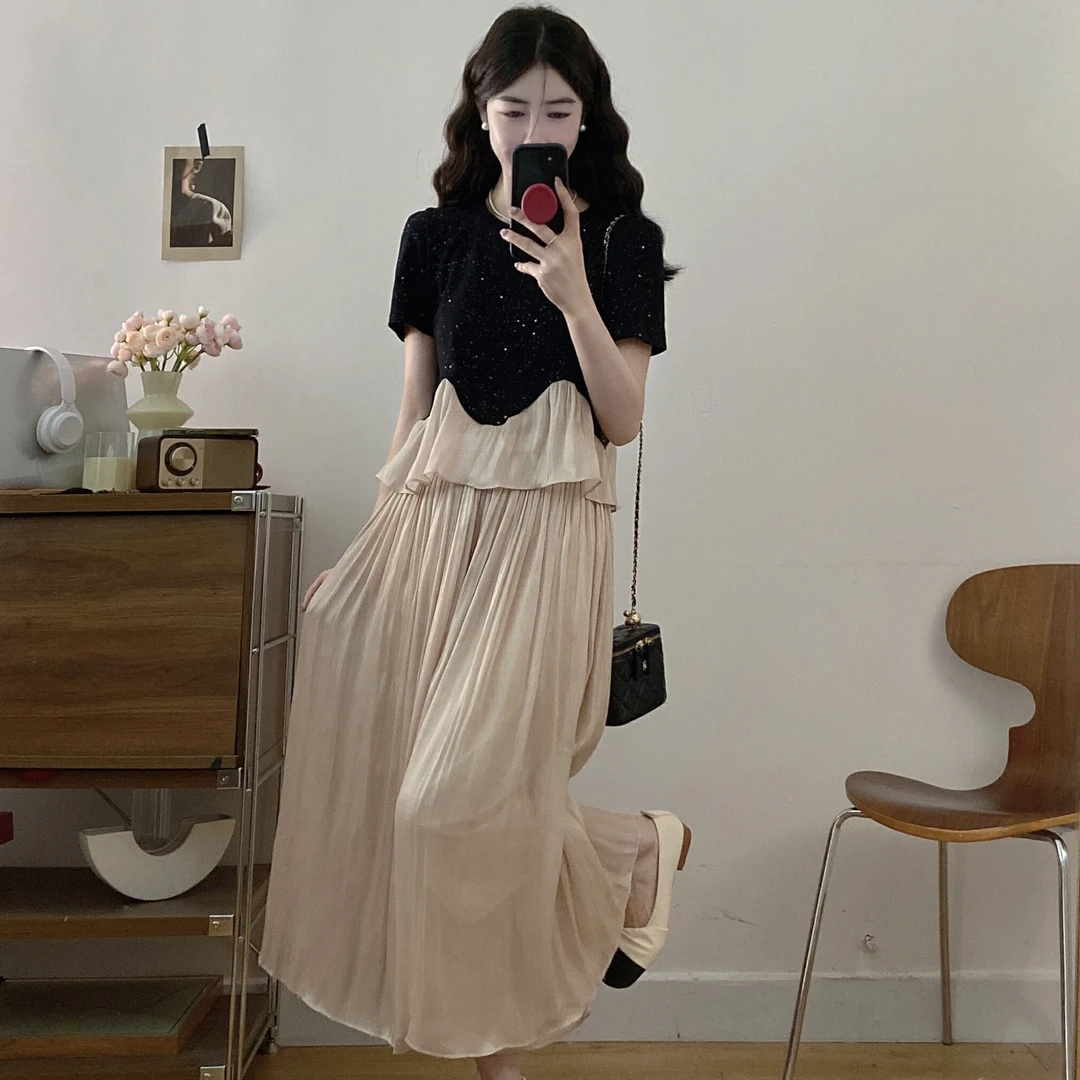 夏季新款胖MM法式细闪拼接上衣+阔腿裤俩件套装