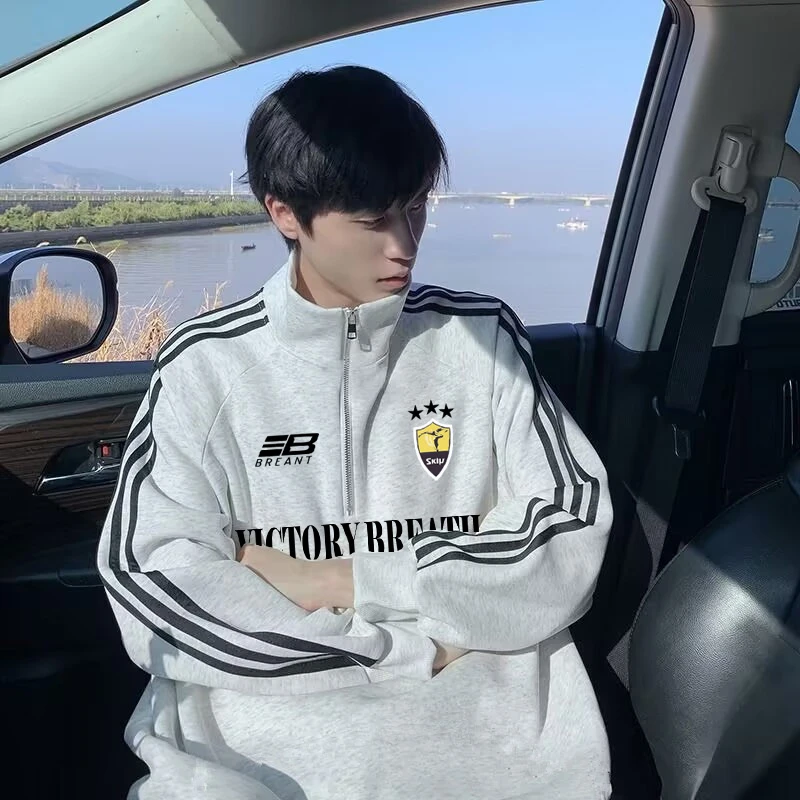 稻草人2025新款华棉秋冬季男士时尚重磅卫衣潮牌休闲薄款条纹侧边