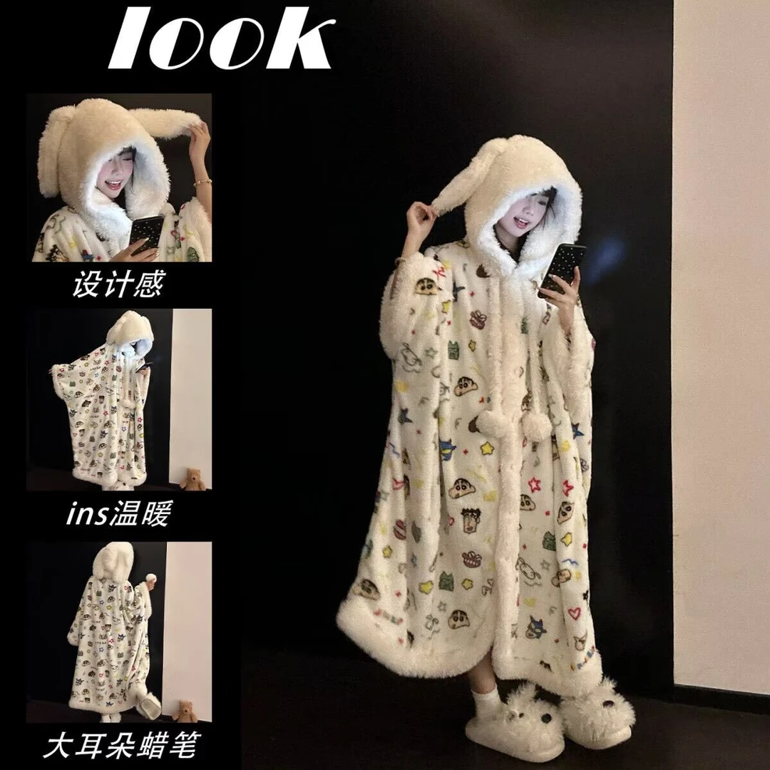 珊瑚绒蜡笔小新斗篷加绒毛绒睡衣女冬季新款家居服加厚睡裙睡袍