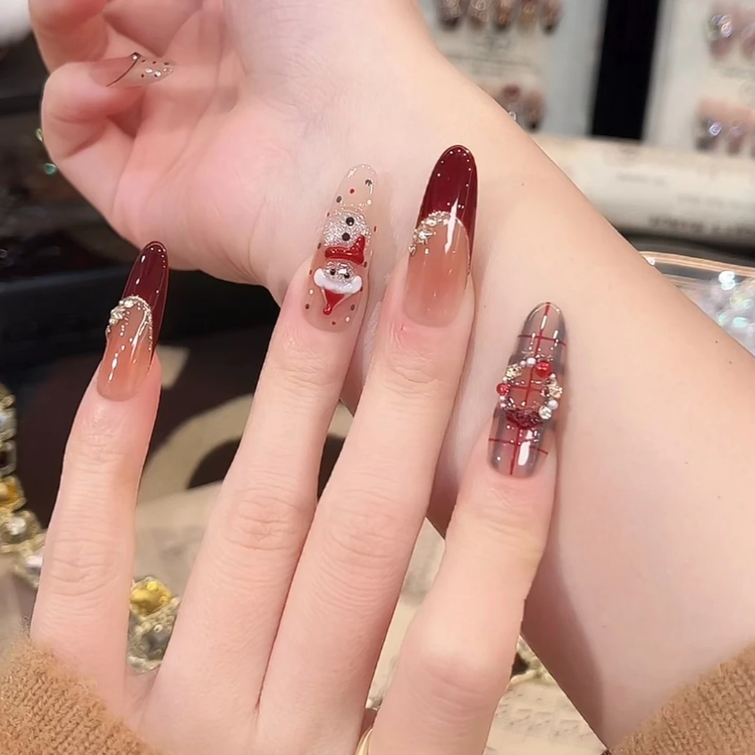 【圣诞派对】闪亮猫眼手绘豹纹法式纯手工穿戴甲显白气质高级穿戴甲