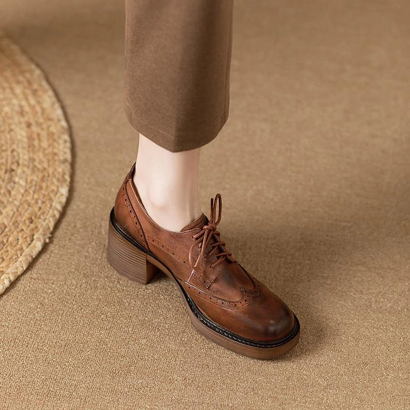 英伦风复古布洛克小皮鞋女春秋新款厚底粗跟系带深口单鞋