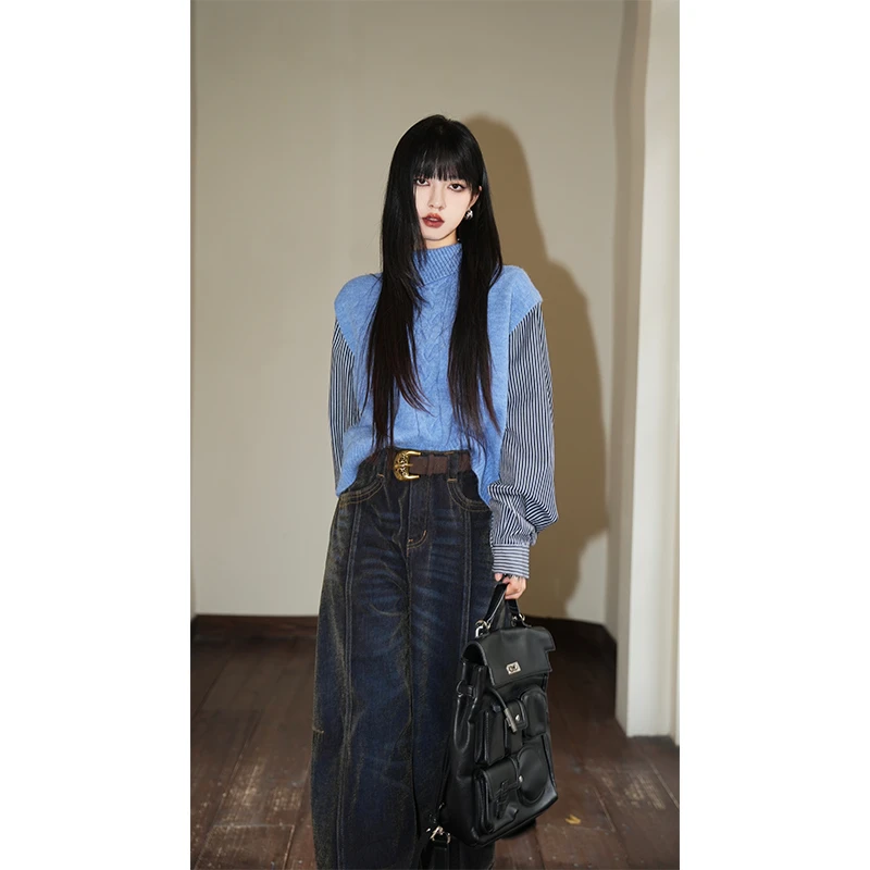 呆毛【12.25号/10.30新品】秋冬通勤风拼条纹衬衫假两件毛衣DMW4873