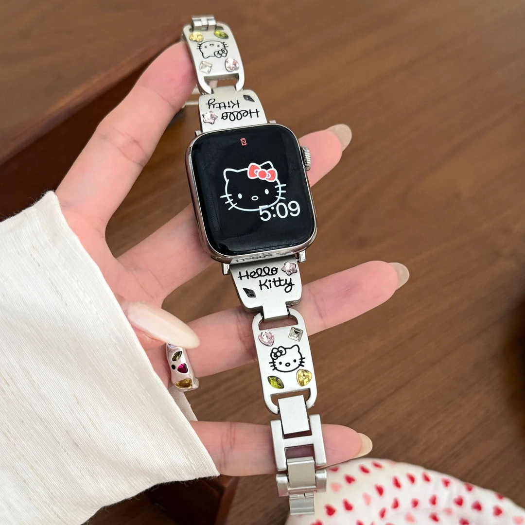 适用苹果手表表带s10代apple女iwatch9镶钻KT猫金属se876小米9pro