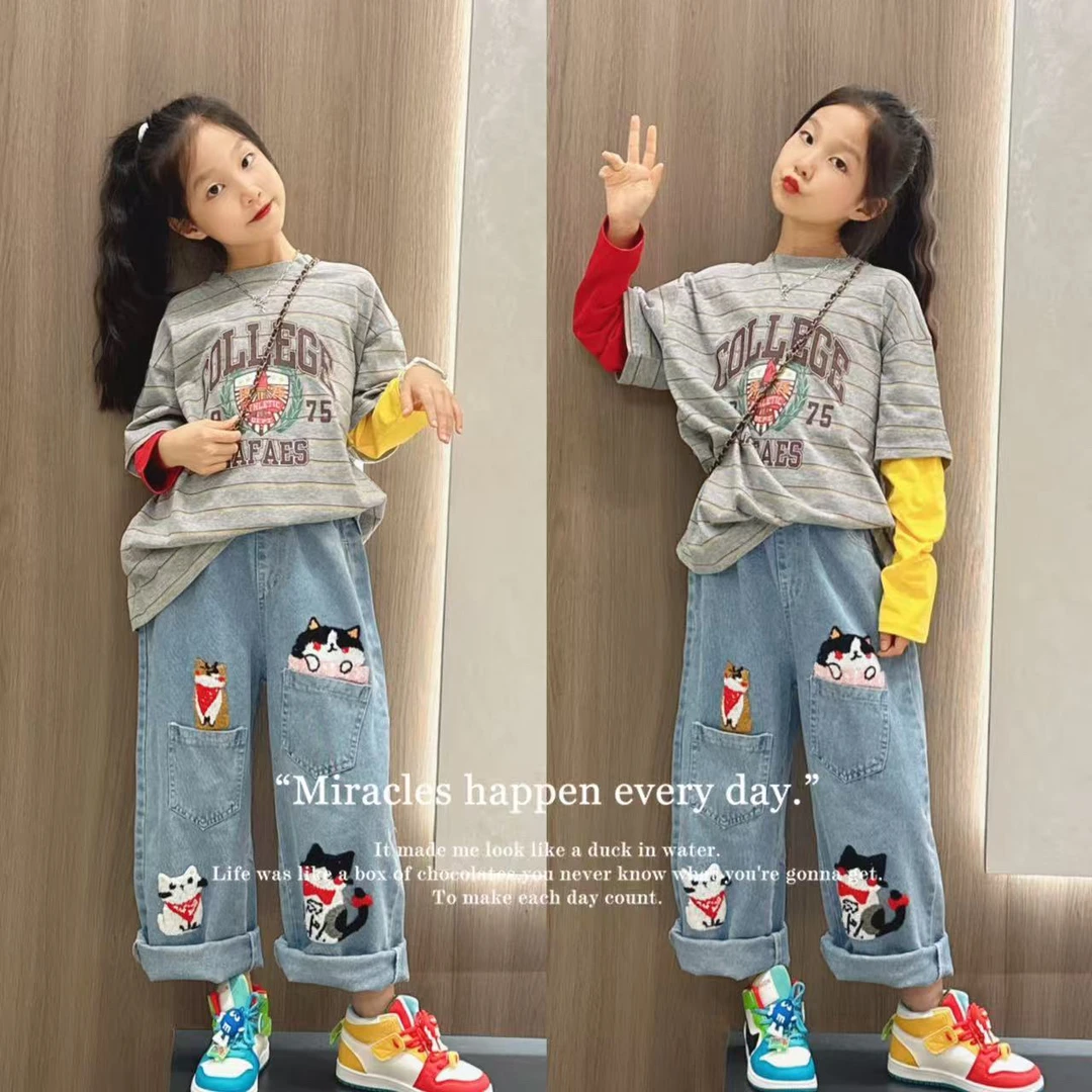 女童长袖T恤2025秋装新款儿童假两件条纹撞色上衣大童春秋打底潮t