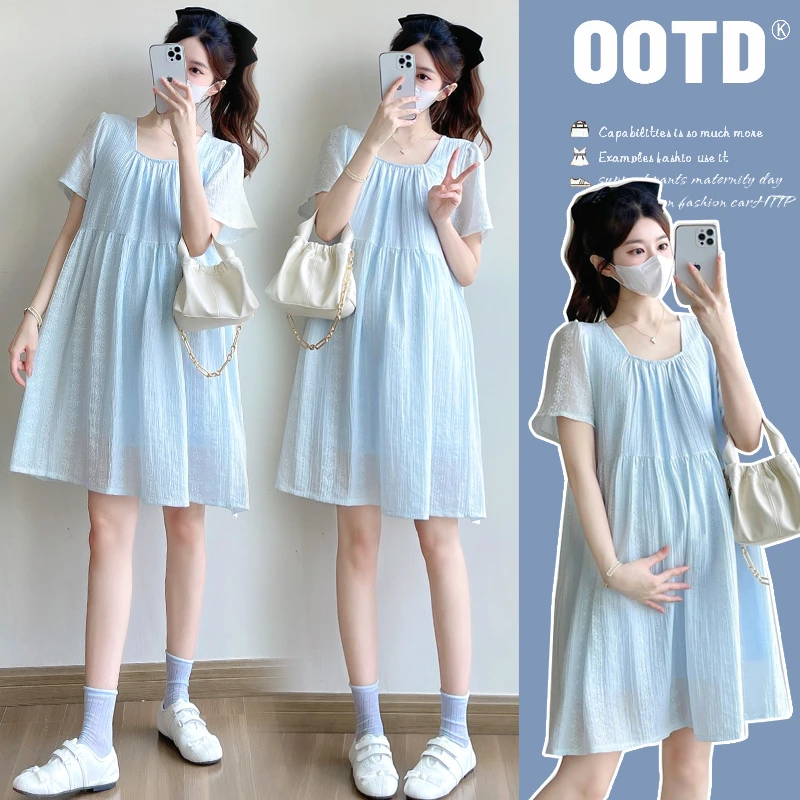 2025新款孕妇装夏季简约时尚辣妈方领宽松大码孕妇中长款连衣裙