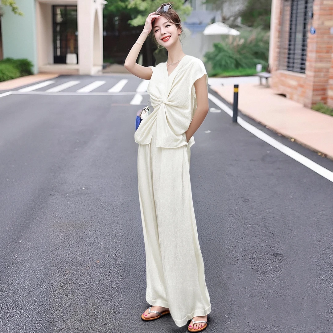 B【两件套】【有里布】不对称解构扭结上衣+高腰阔腿裤套装女D1689