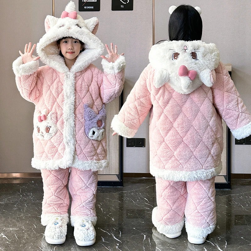 儿童睡衣冬季新款女童法兰绒三层夹棉加绒加厚公主女孩洋气家居服