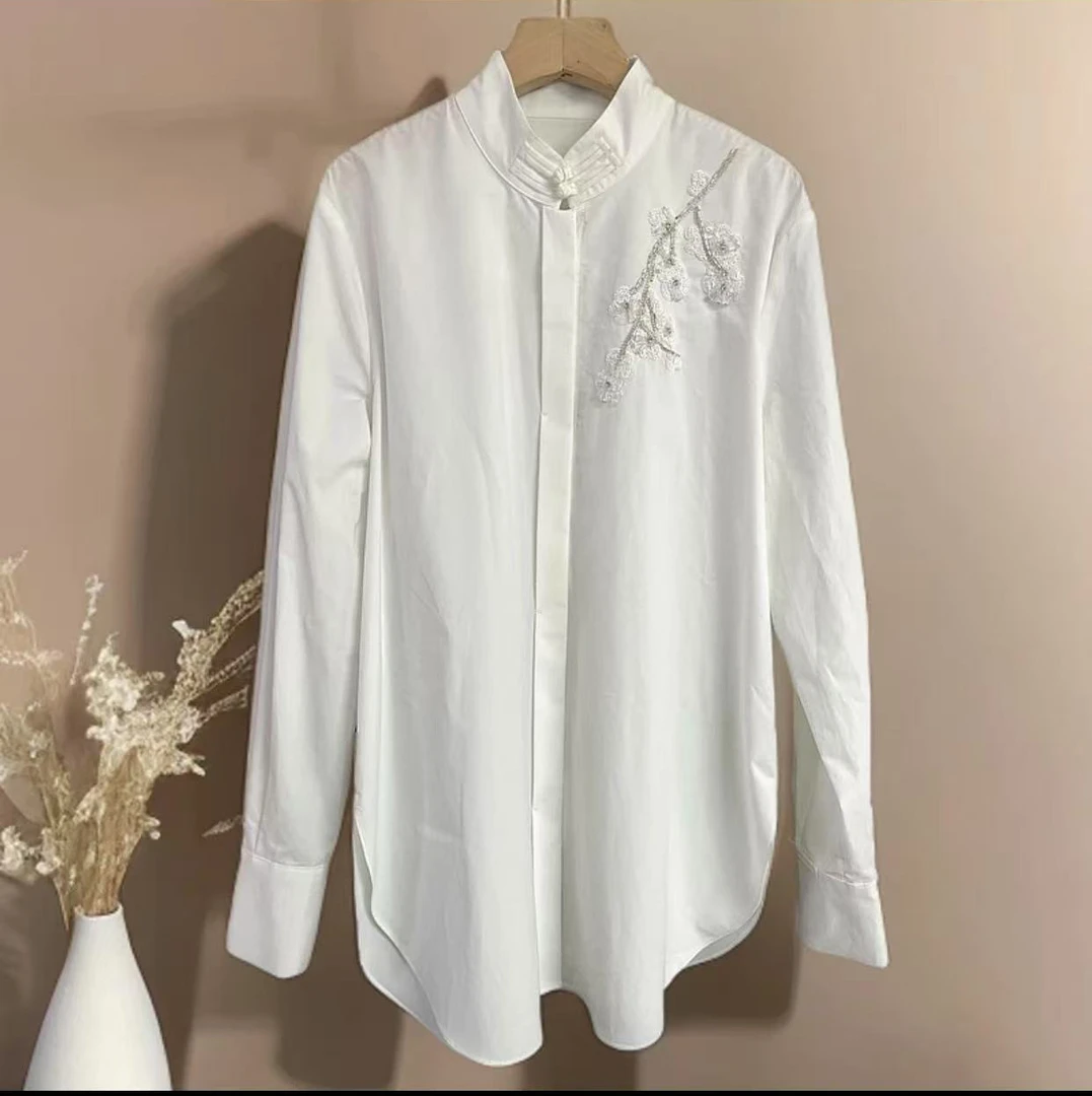 上上签 |梅花|国风盘扣白色气质长款钉珠中国风仙气精致衬衫
