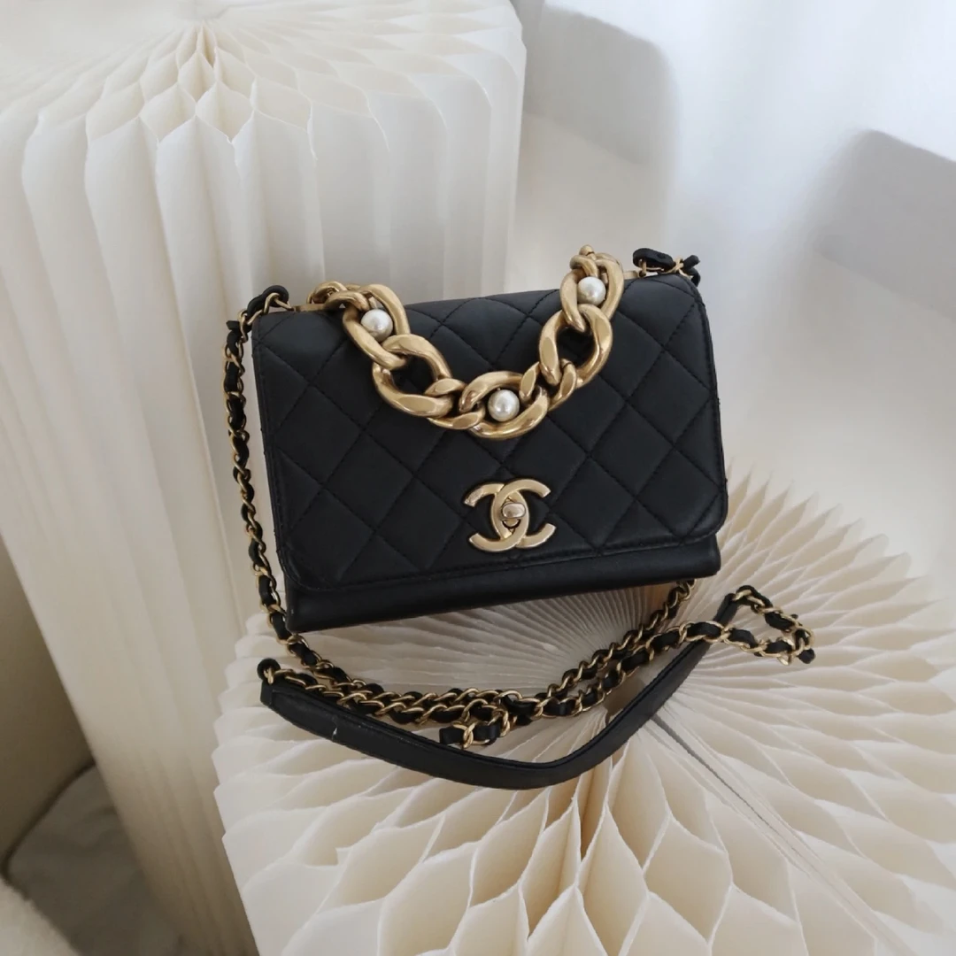 99新 Chanel/香奈儿 包展专属 香奈儿黑金珍珠粗链风琴包芯片款