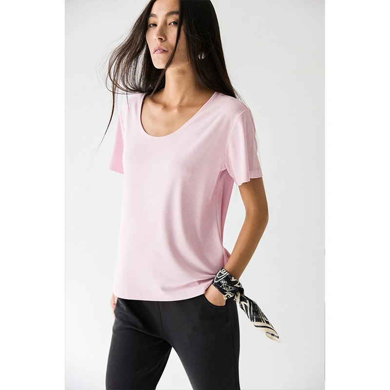 HERLAND她地【孝利T】经典多色纯色百搭T恤女慵懒高级U领短袖上衣