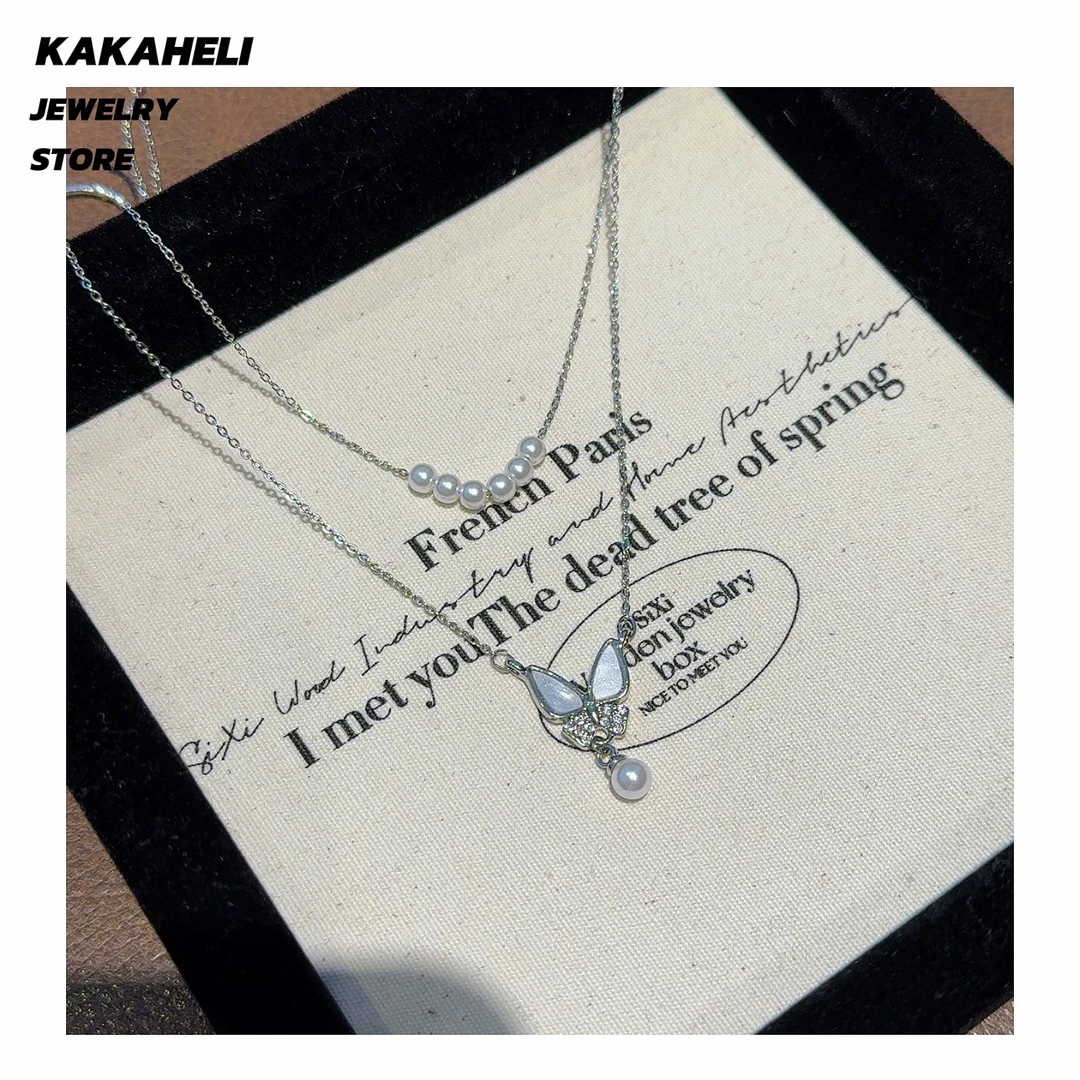 钛钢项链 轻奢银色经典双层蝴蝶珠珠项链KK6195