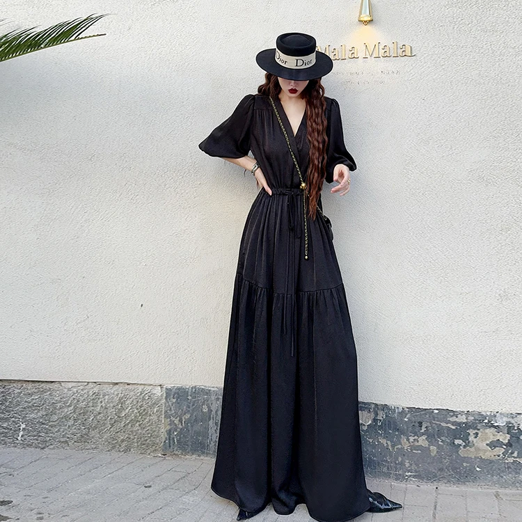 高个子加长款气质连衣裙夏季新款宽松大码抽绳收腰显瘦及踝长裙