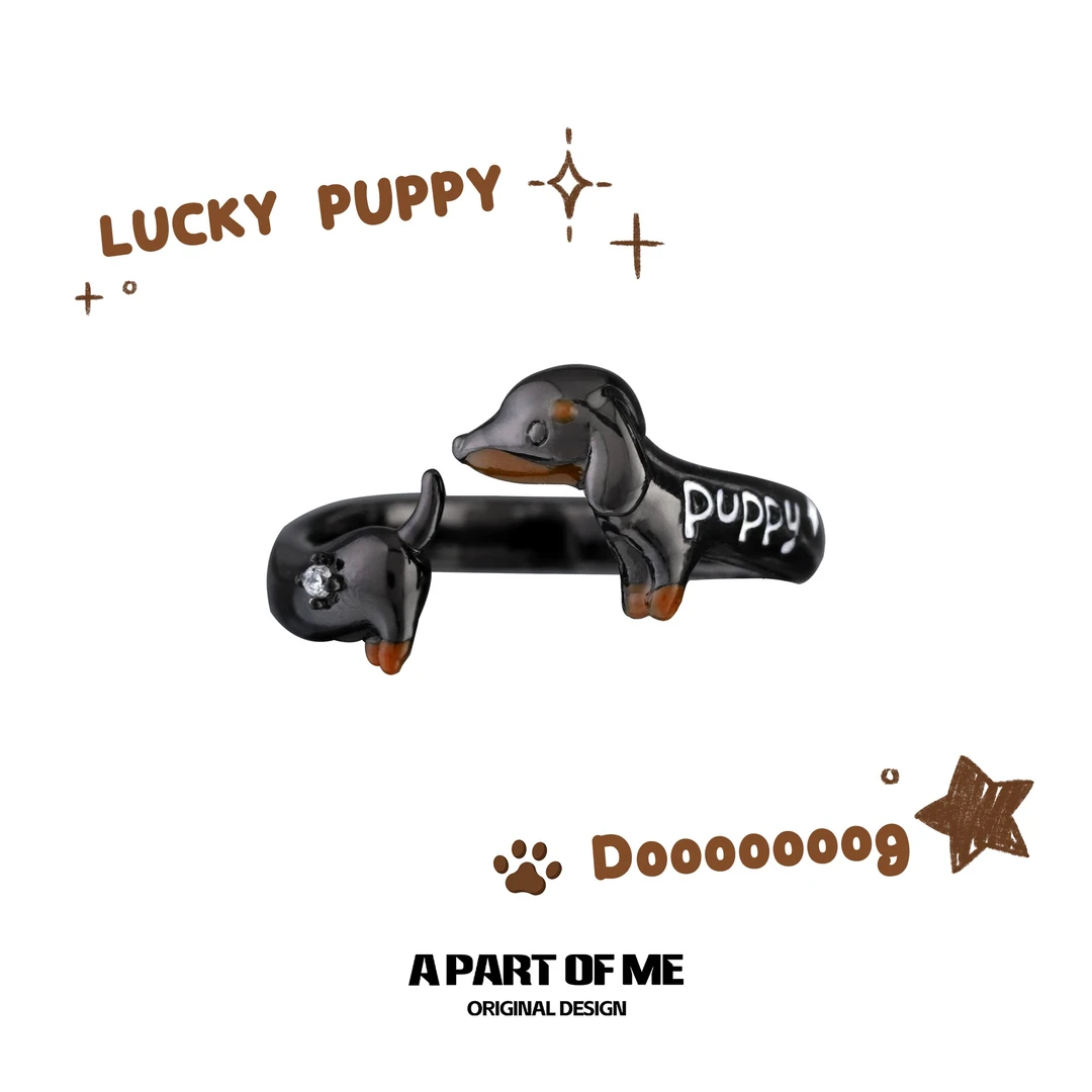 A PART OF ME 925银合成锆石戒指 精致小众原创幸运腊肠狗戒指