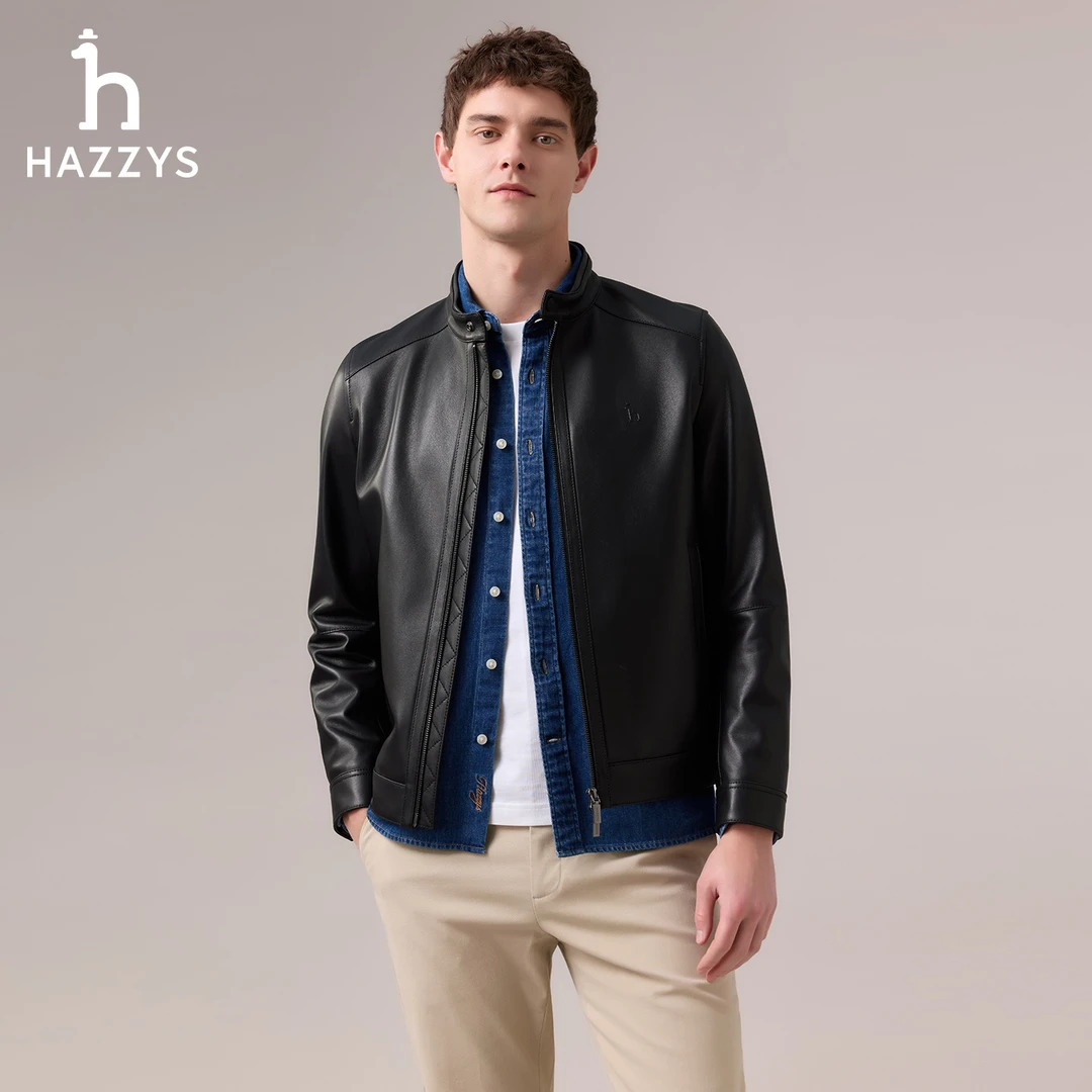 【商场同款】HAZZYS哈吉斯秋冬季男士时尚皮衣休闲羊皮革外套立领