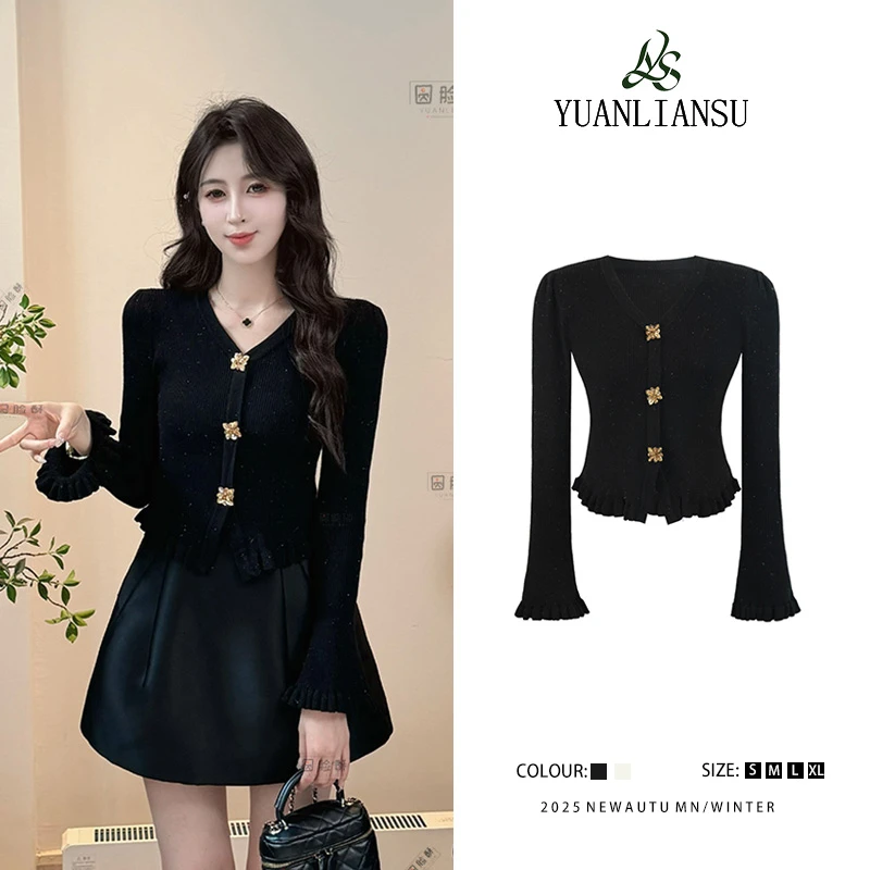 YUANLIANSU/圆脸酥【暗夜绮梦】小香风黑色气质小众长袖显瘦针织衫
