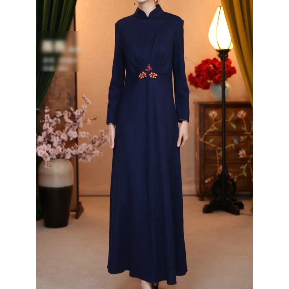 新中式国风高贵气质连衣裙2026新高端时尚刺绣收腰显瘦立领a字裙