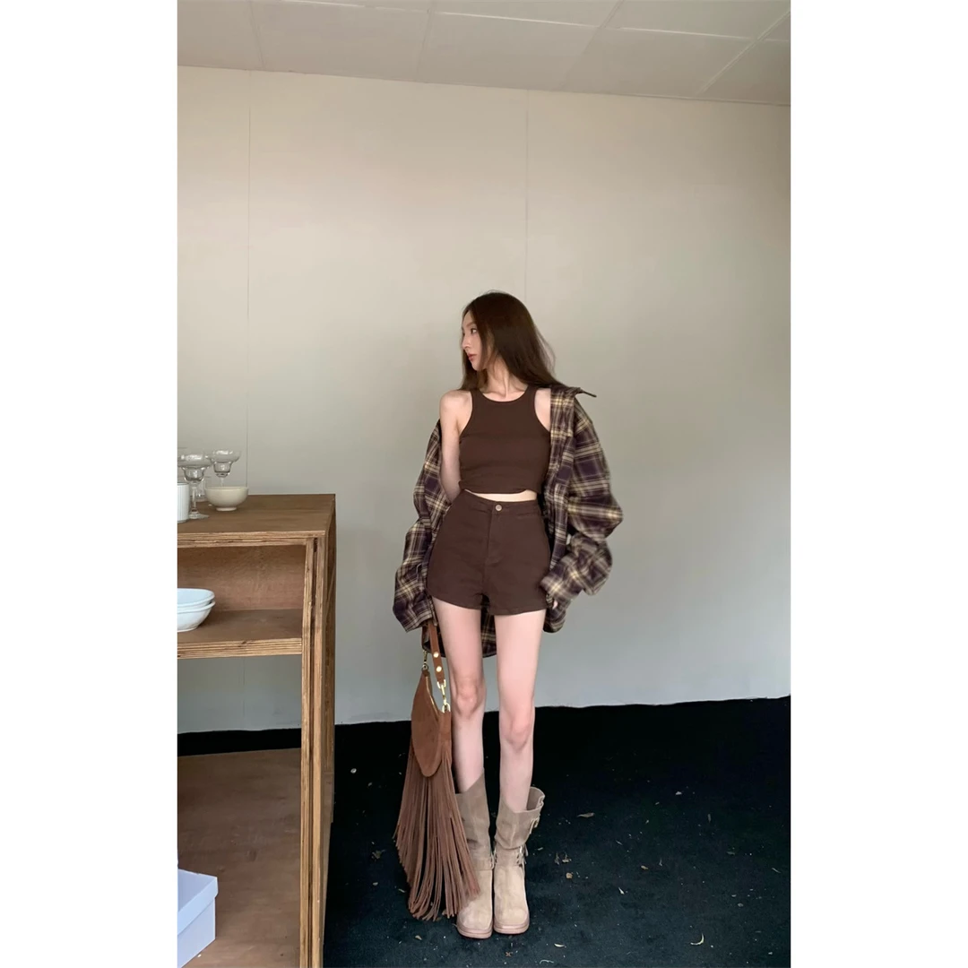 韩版复古美式慵懒格子衬衫百搭胸棉背心高腰短裤三件套#22251