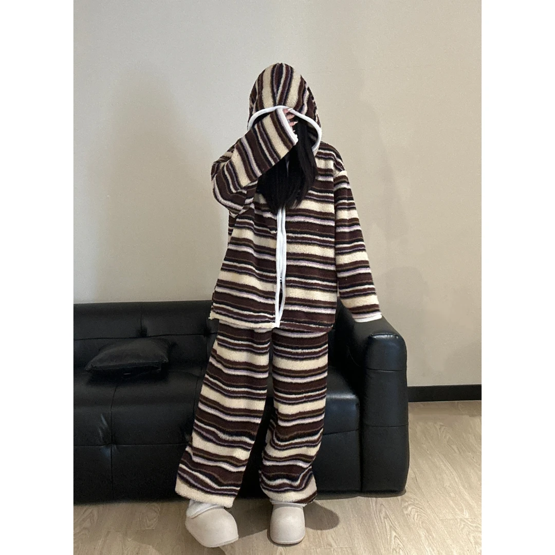 日系慵懒撞色条纹连帽珊瑚绒睡衣女秋冬季新款加厚家居服套装外穿
