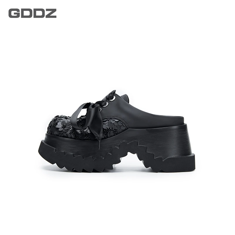 圆头厚底乐福鞋百搭压花系带鞋子松糕鞋半拖休闲风女鞋GD-250302