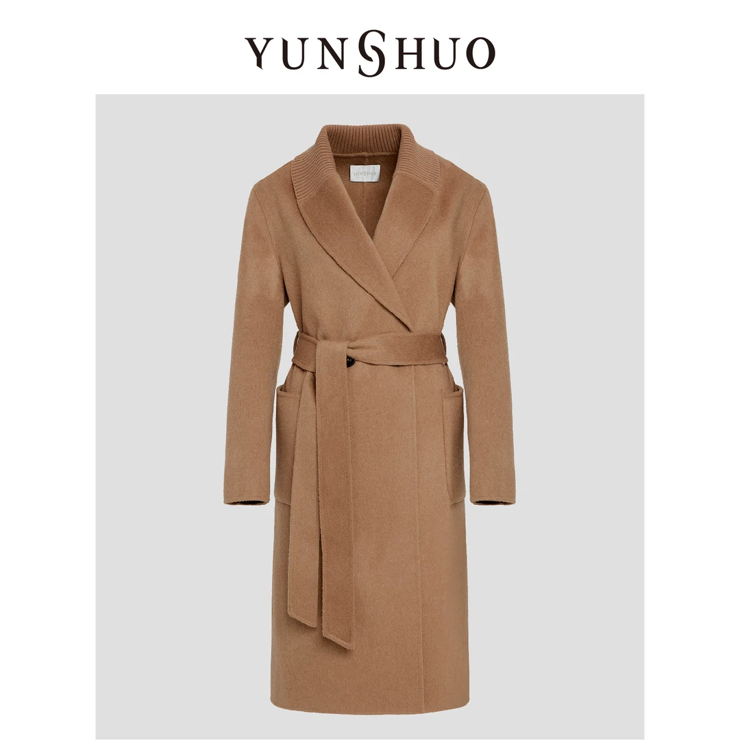 YUNSHUO允硕冬季新品时尚百搭拼接收腰V领气质长款女大衣499144