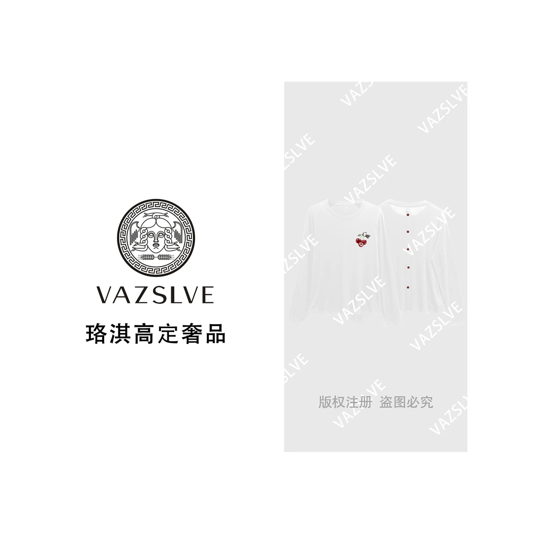 【VASLVE/珞淇高定】68283#刺绣樱桃长袖T恤衫2025百搭设计师上衣