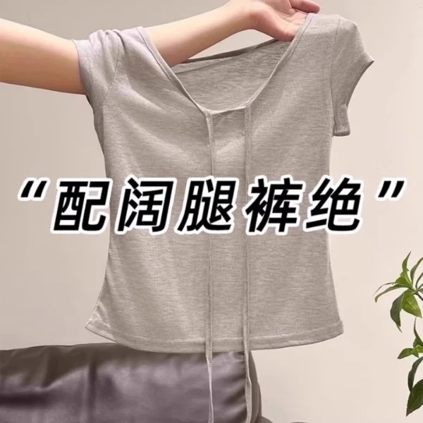 太太太赞了~韩系chic系带V领短袖t恤女夏新款修身百搭薄款短上衣