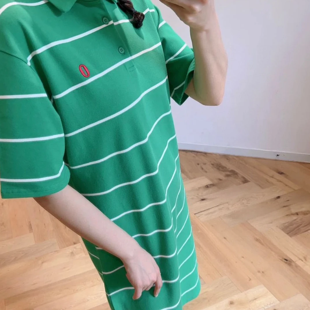 Z-26 绿色条纹翻领显瘦百搭连衣裙