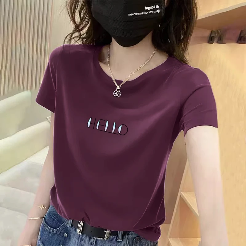 葡萄紫色短袖T恤女2025新款夏季薄款欧货洋气宽松印花体恤上衣潮