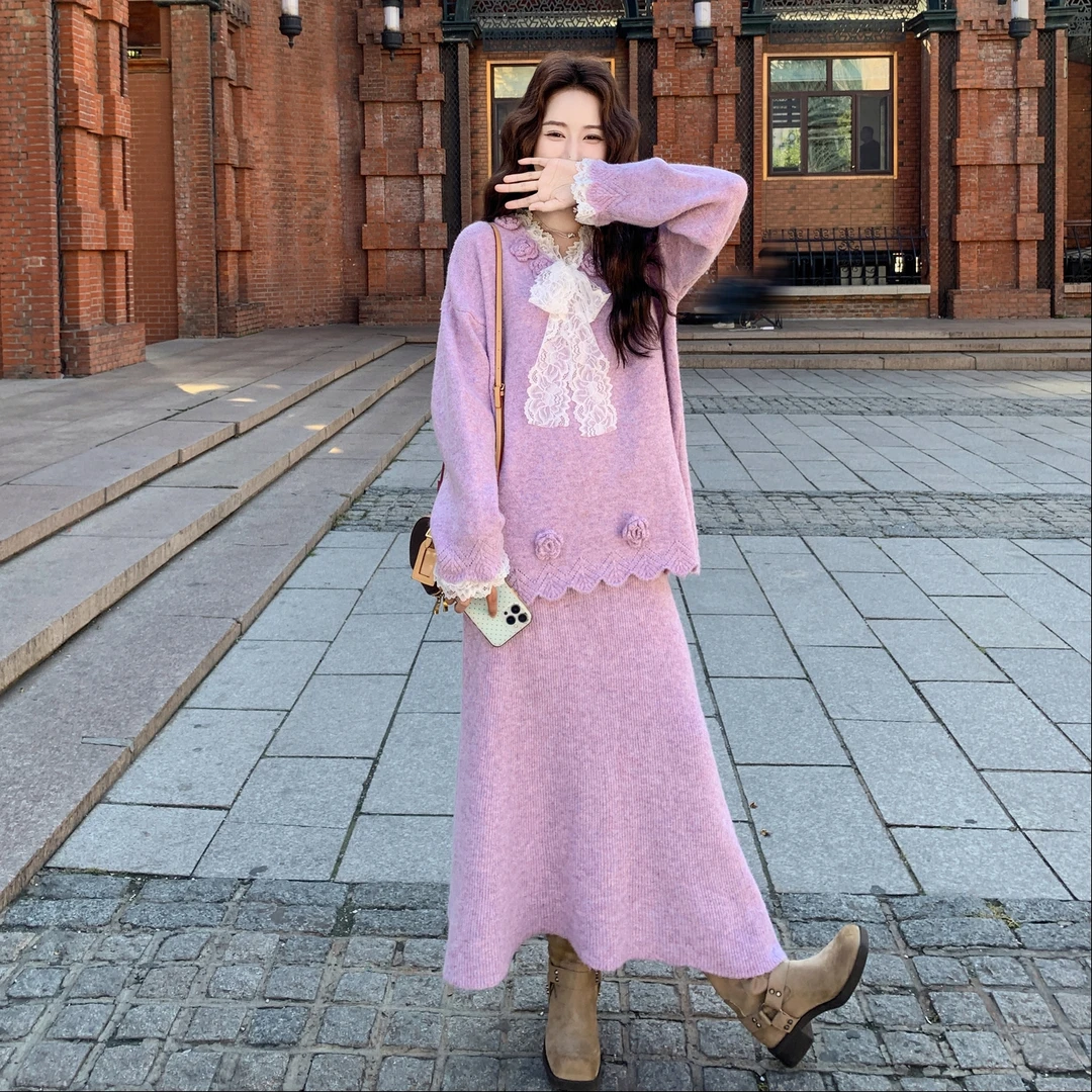 韩系秋冬套装裙女2025超火新款慵懒风立体花朵针织衫半身裙两件套