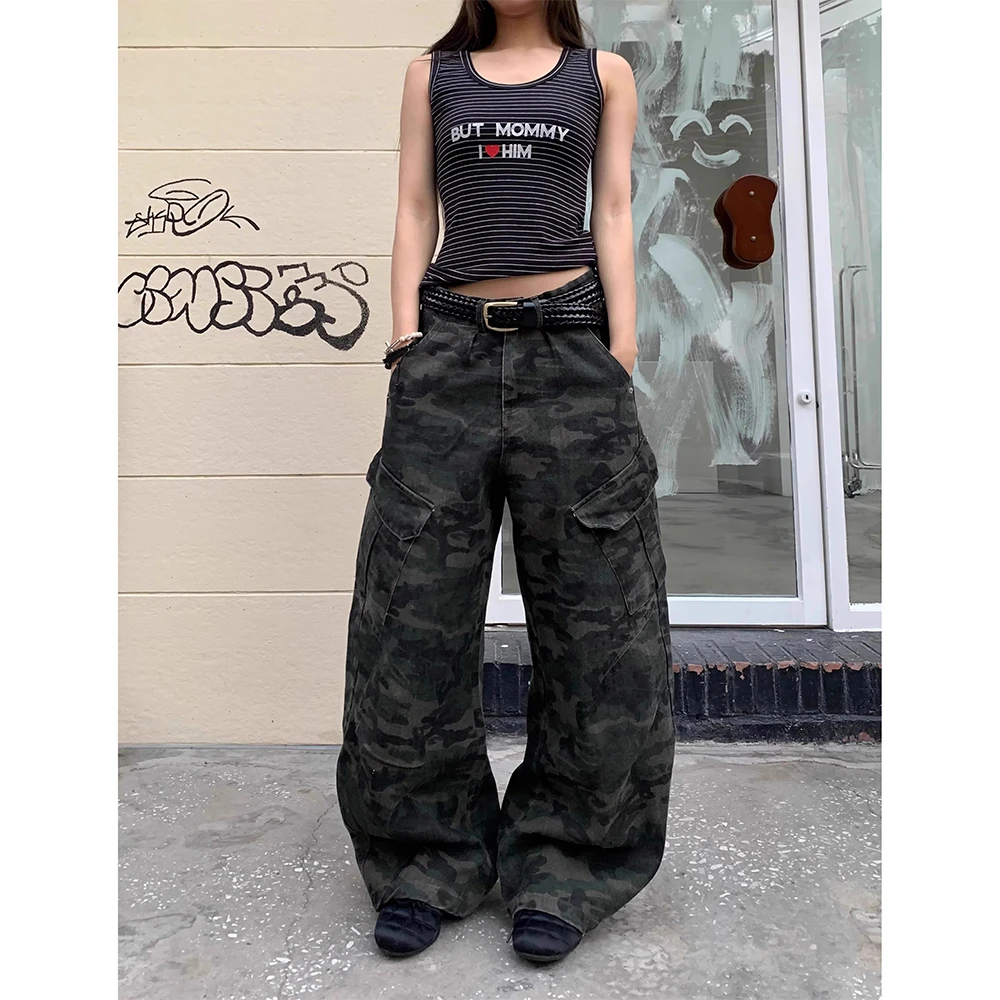 美式复古迷彩工装弯刀牛仔裤女设计感多口袋宽松直筒阔腿拖地裤子