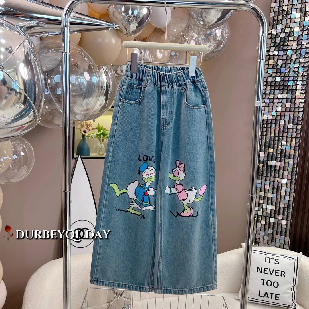 DURBEYQI/朵贝奇女童2025纯季韩版设计款纯色卡通牛仔裤5147